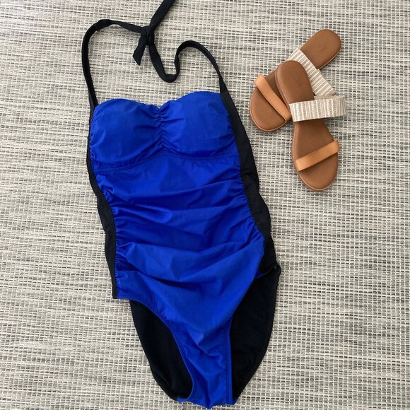 Love your Assets by Spanx Royal Blue Black Halter  Swimsuit Large - Picture 1 of 5